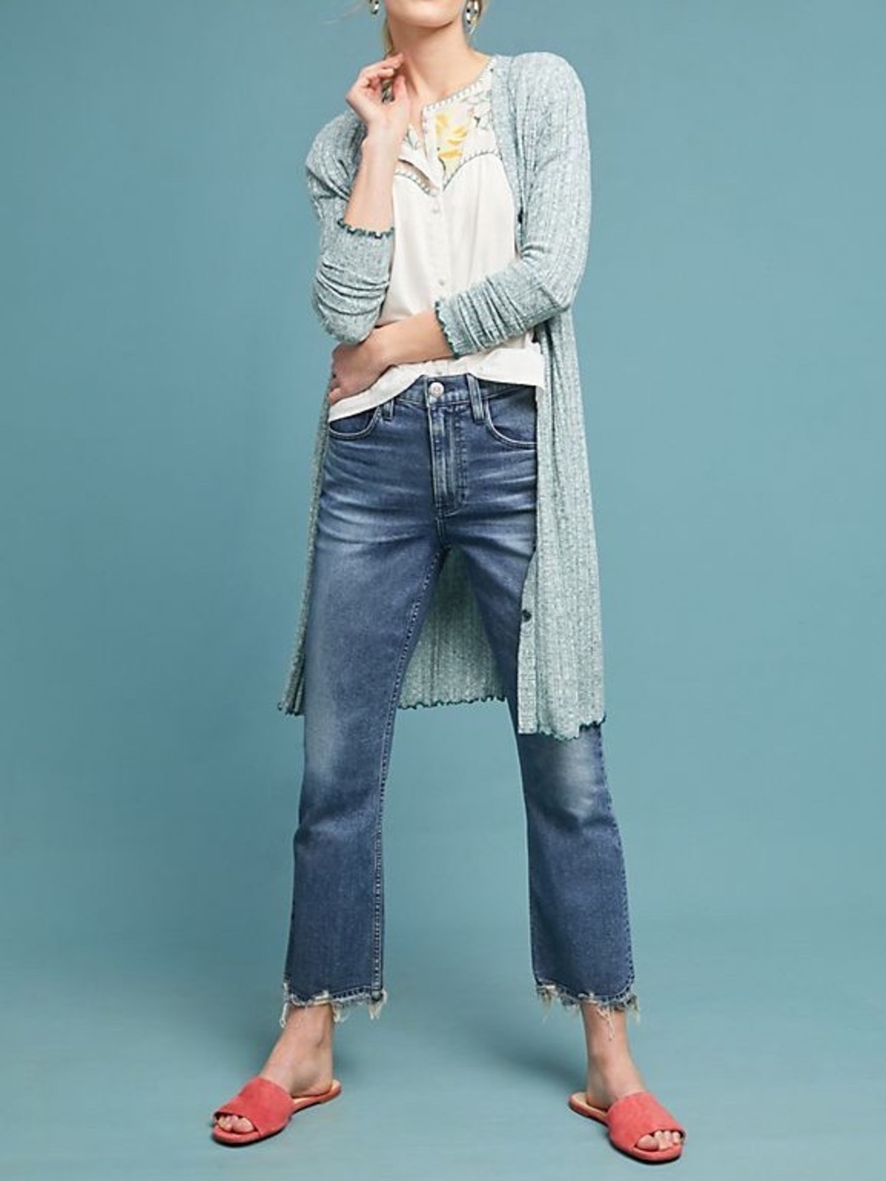 ANTHROPOLOGIE Akemi + Kin Chateaux Longline Duster Cardigan Green Mint Size M